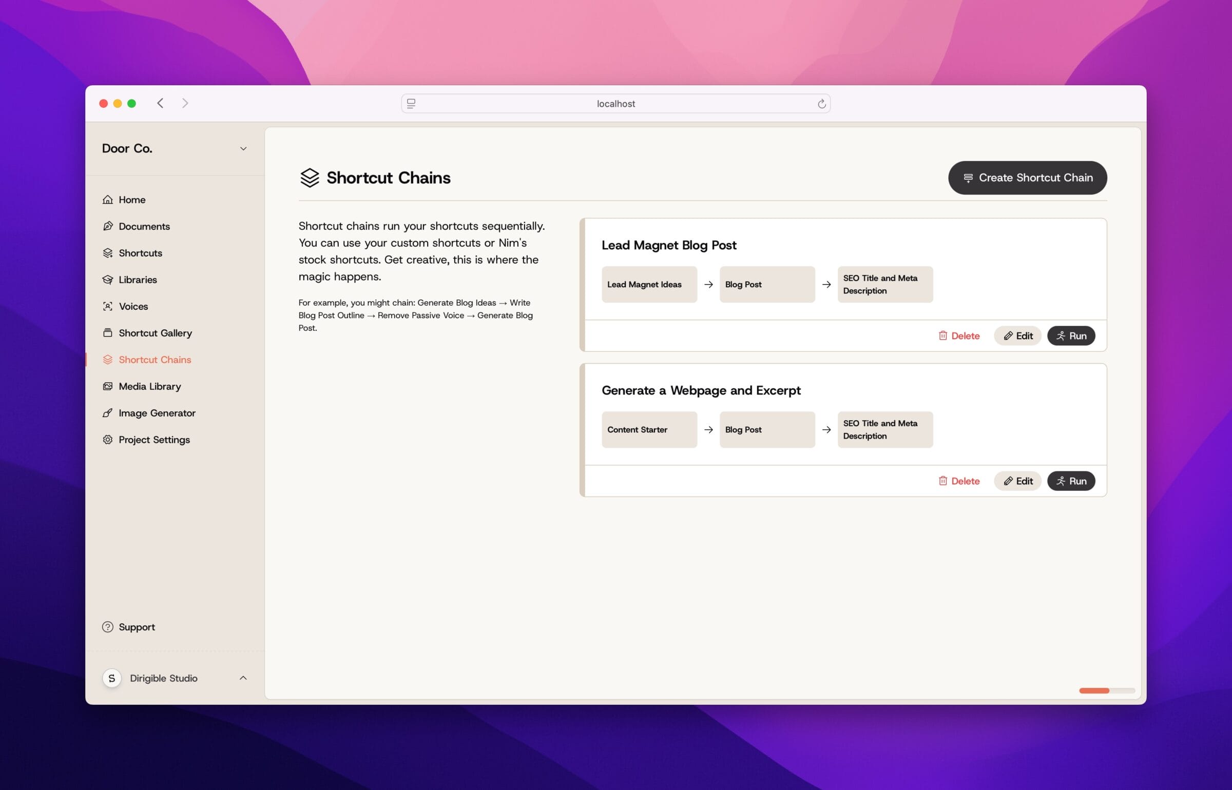 Shortcut chains page